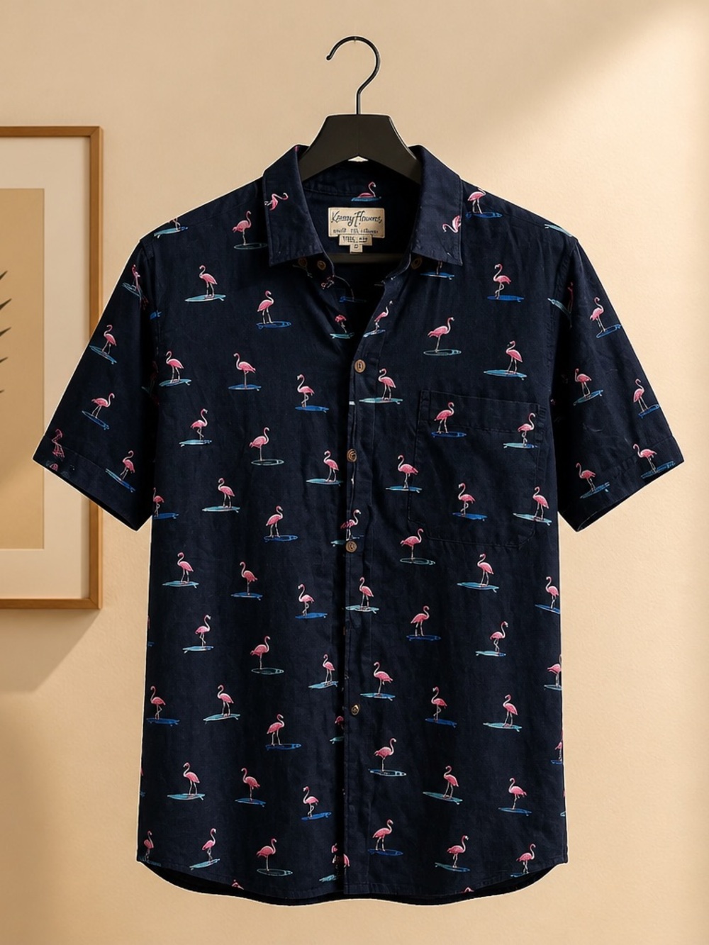 Kenny Flowers Navy Shirt with Pink Flamingo Print